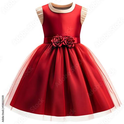 Red dress for child girls, clipping path, isolated on fully transparent png background