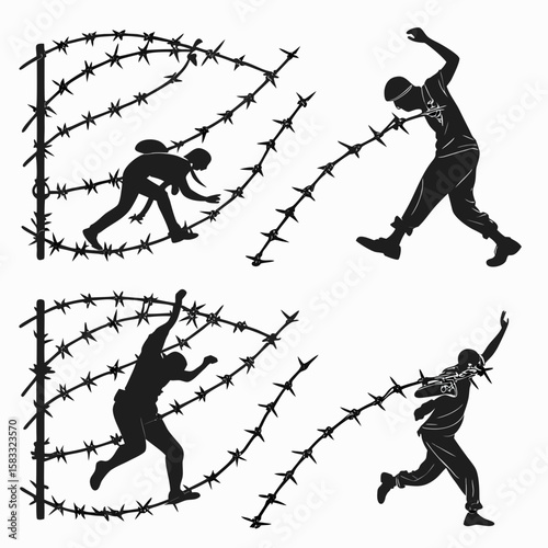 Silhouettes of people climbing over barbed wire fences vector