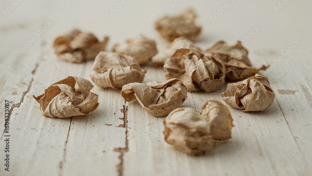 Close-up of dried and curled flower petals scattered on a weathered wooden surface with space for text or design elements Close-up of dried and curled flower petals scattered on a weathered wooden surface with space for text or design elements