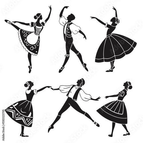 Six black silhouettes of dancers in traditional costumes ballet folk dance