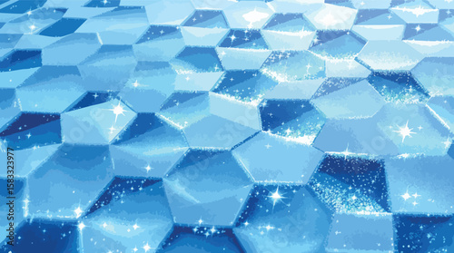 Abstract blue mosaic illustration with glittering particles forming a seamless background.