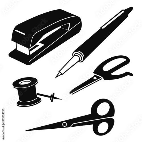 Stapler pen scissors thumbtack and spool silhouettes vector