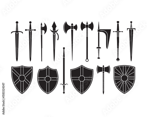 A collection of black silhouette medieval weapons including swords shields and axes arranged in a row