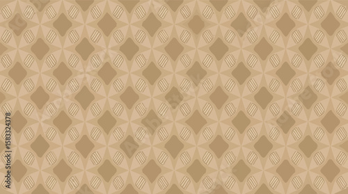 Abstract geometric pattern in earthy tones featuring repeating diamond and circular shapes.