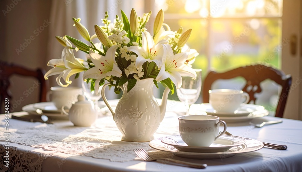 Fototapeta premium Easter lily bouquet in porcelain pitcher, lace doilies underneath, antique silverware gleaming, traditional brunch table setting with natural lighting