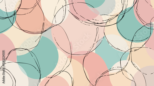 Abstract pastel background with overlapping circular shapes and black line art design.