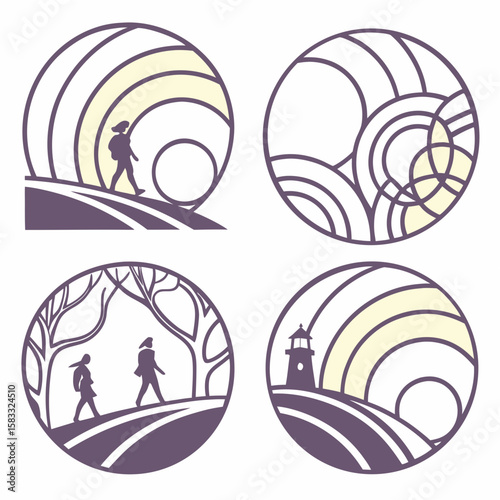Stylized hikers and lighthouse icons hiking travel