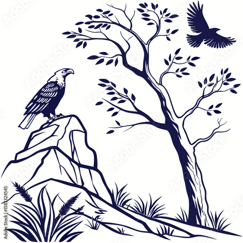 Majestic eagle perched on rocks with soaring bird and tree