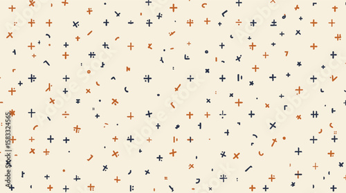 Abstract pattern of hand drawn math symbols and shapes on a beige background.