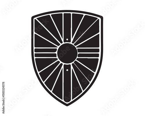 A black and white shield design featuring a central circle with radiating lines and horizontal bars