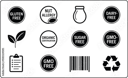 Black and White Icons for Gluten Free Nut Allergy Dairy Free Organic Sugar Free and G M O Free