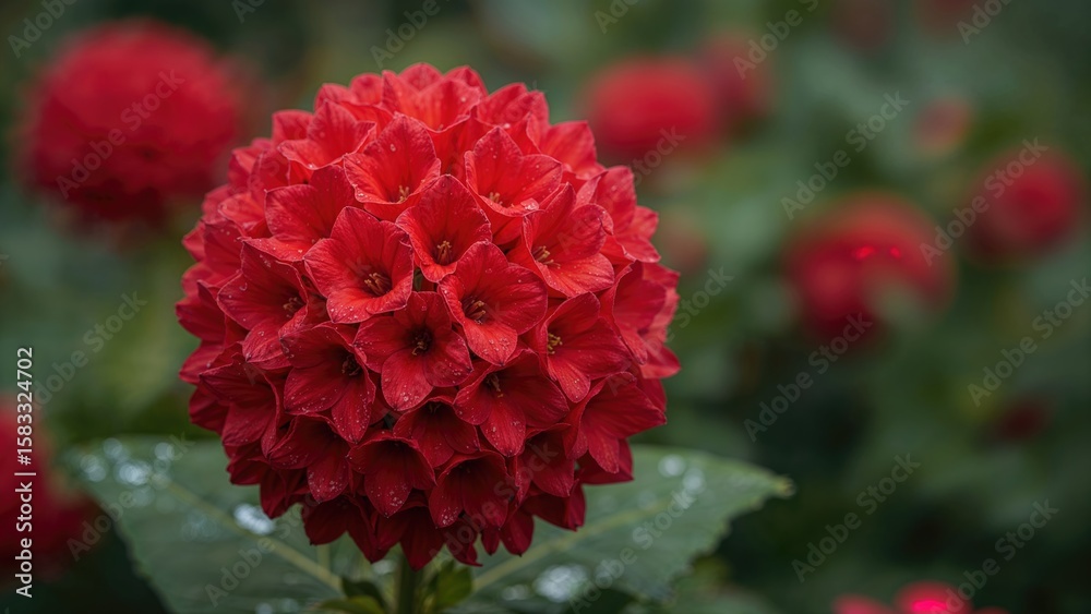 Fototapeta premium Close perspective on red Adenium floral clusters glistening with fresh raindrops in a spring garden