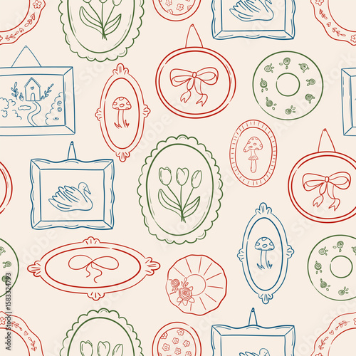 Seamless vector pattern with hand drawn vintage frames. Background with whimsical paintings and decorative plates. Cottagecore coquette texture for wallpaper, wrapping paper, textile design