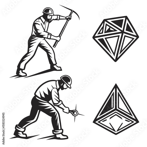 Miners striking and gem symbols mining pickaxe