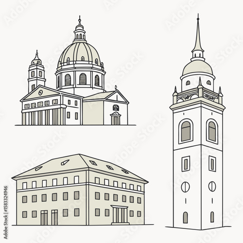 Minimalist architectural icons featuring domes and towers
