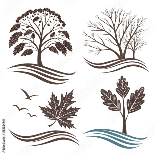 Stylized trees with leaves and branches birds and water waves nature seasons