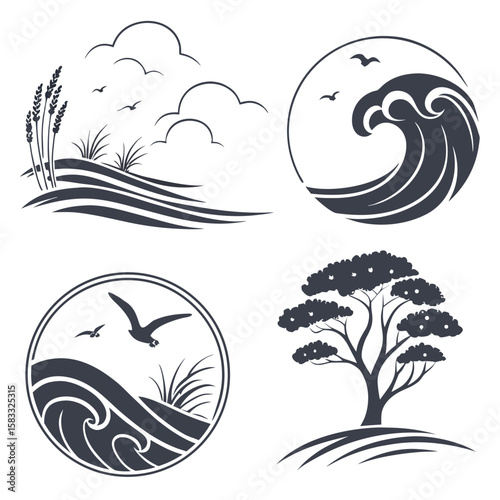 Photography Nature inspired icons with birds and waves landscape