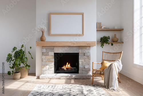 Blank horizontal frame for wall art in modern living room with fireplace and cozy decor