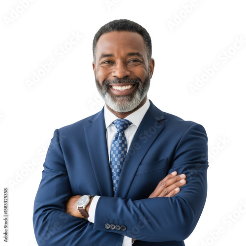 Photo of a confident african american businessman in a blue suit and tie smiles with crossed arms, isolated on a transparent background