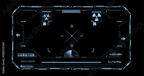 The advanced electronic display features biohazard and radiation symbols, signaling alertness to potential dangers. It includes various interface elements for monitoring and analyzing data.