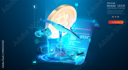 A visual depiction of cryptocurrency transactions showcasing elements such as blockchain technology, secure payments, and app interfaces. The setting is futuristic, portraying advanced digital tools.