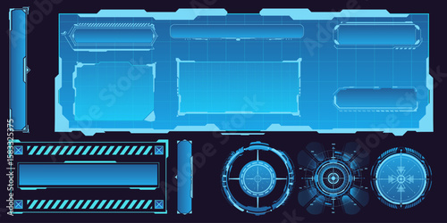 A detailed blueprint layout features various heads-up display elements in a blue color scheme, ideal for sci-fi applications and technology projects. The design incorporates boxes, circles, and lines.