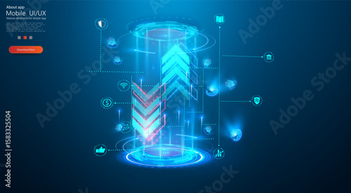 A digital display showcases mobile app UI and UX elements, featuring rising arrows, data icons, and interactive graphics. It emphasizes innovation in mobile design and technology.