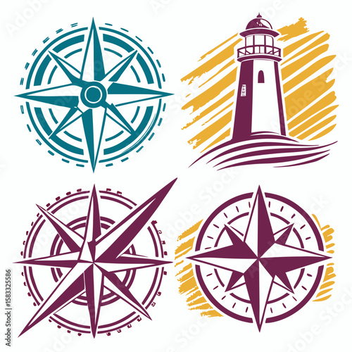 Nautical compasses and lighthouse with abstract brush strokes