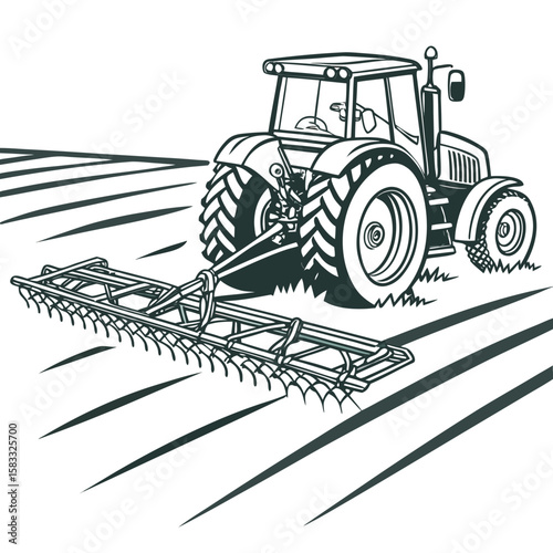 Tractor plowing field with agricultural implement farming agriculture