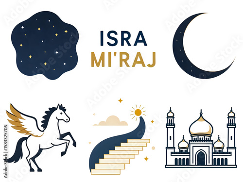 Illustration depicting Isra Mi'raj with elements like a mosque, winged horse, moon, stars, and stairs leading to the sun.