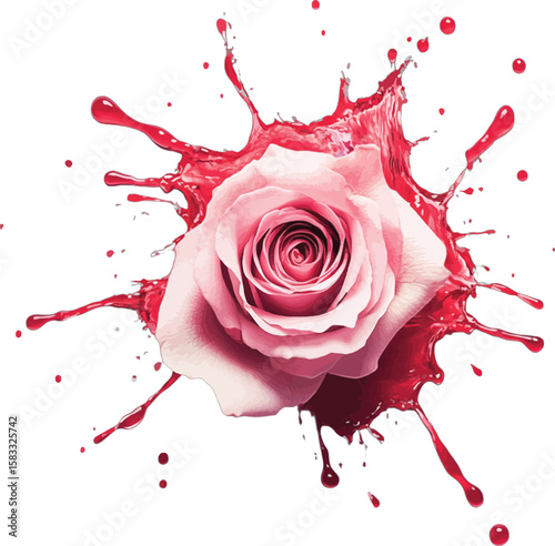 Pink rose center with red liquid splash on white background flower bloom