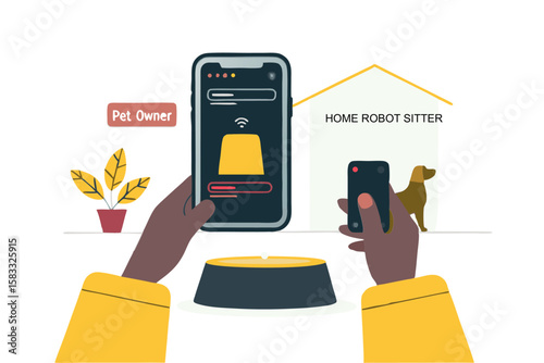 A pet owner uses a mobile app and remote to manage a home robot sitter, showing modern pet care and connected home technology. Features automation and design.