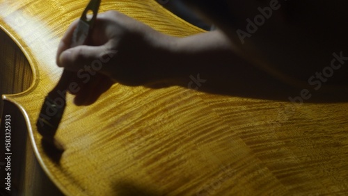 Obraz na plátně Professional luthier varnishing handcrafted cello, applying delicate lacquer wit
