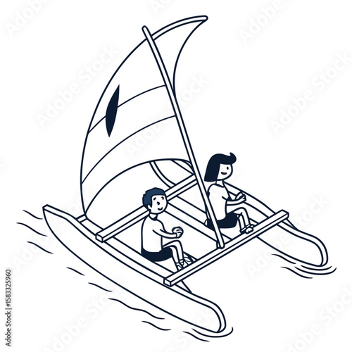 Two people sailing a pedal boat on water catamaran ocean