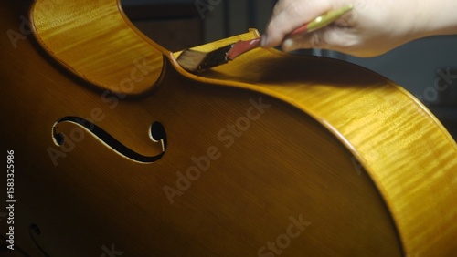 Obraz na plátně Skilled craftsman varnishing wooden cello, carefully brushing musical instrument