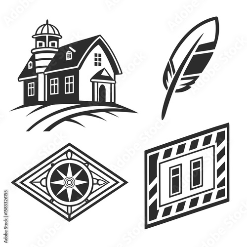 Vintage house feather compass and clapperboard icons lighthouse quill