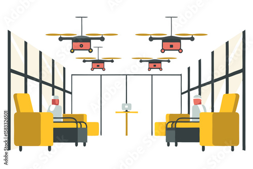 Futuristic Waiting Room with Drones Office Chairs Technology Innovation Workspace Delivery Corporate Modern Interior