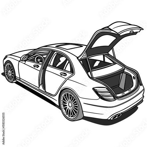 White Luxury Sedan with Open Doors and Trunk white car open trunk