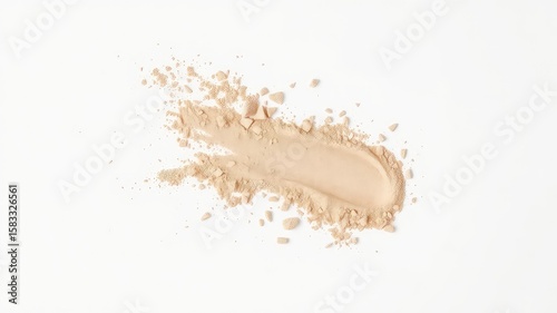 Cosmetic face powder swatch and dust, showing a beige hue and crushed texture, isolated against a clean bright background