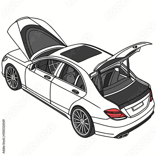 White luxury sedan with open hood and trunk automobile