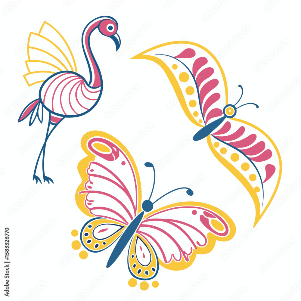 Obraz premium Pink yellow blue stylized flamingo and butterflies