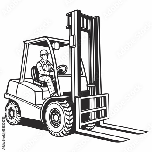 Worker driving heavy duty forklift machine vector