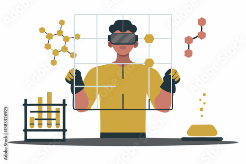 Scientist in VR Headset Analyzing Molecular Structures Lab Equipment Future Tech Research Virtual Reality Education