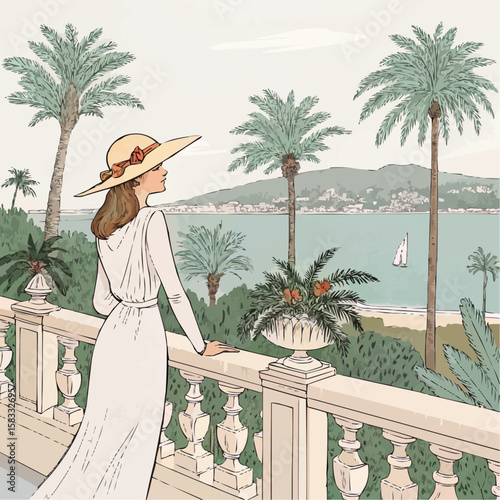 Elegant Woman in Wide-Brim Hat on Mediterranean Balcony Overlooking Palm Trees and Floral Park