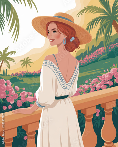 Woman in Flowing Dress and Wide-Brim Hat Poses on Mediterranean Balcony Amid Palm Trees and Blooming Park