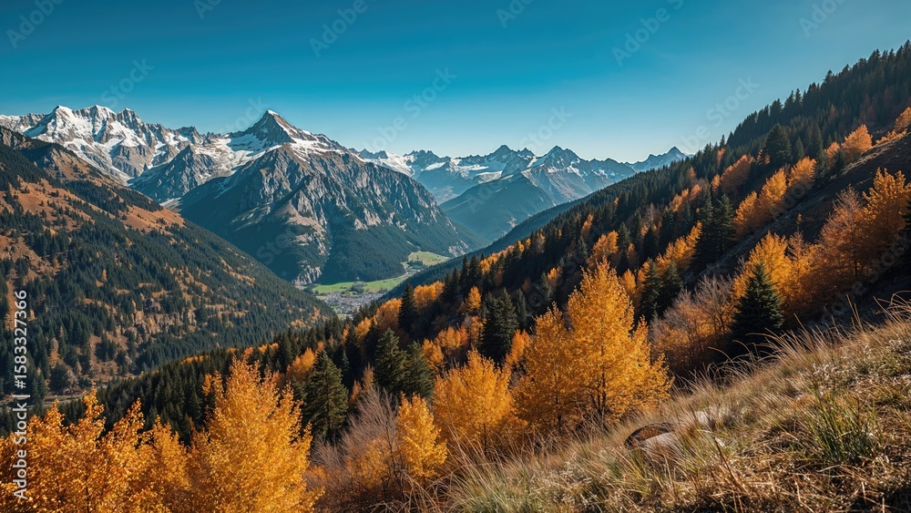 Fototapeta premium Snow-capped peaks surrounded by vibrant yellow autumn hills