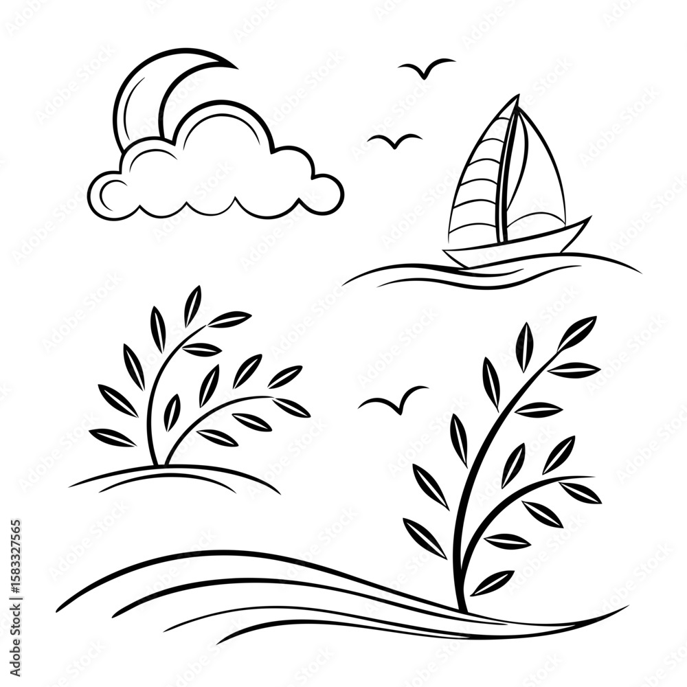 Fototapeta premium Sailboat cloud birds and plants moon