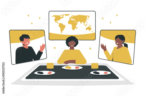 Virtual Dinner Party Illustration Celebrating Connection Communication and Community Across Distance Digital Friendship