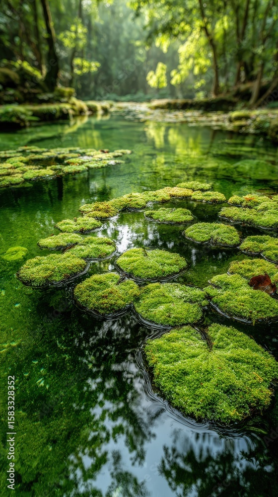 A serene forest stream with floating green moss pads reflecting sunlight through tall trees. A serene forest stream with floating green moss pads reflecting sunlight through tall trees.