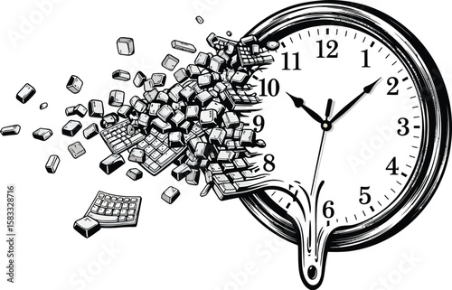 Surreal Melting Clock Exploding into Cubes Time Concept